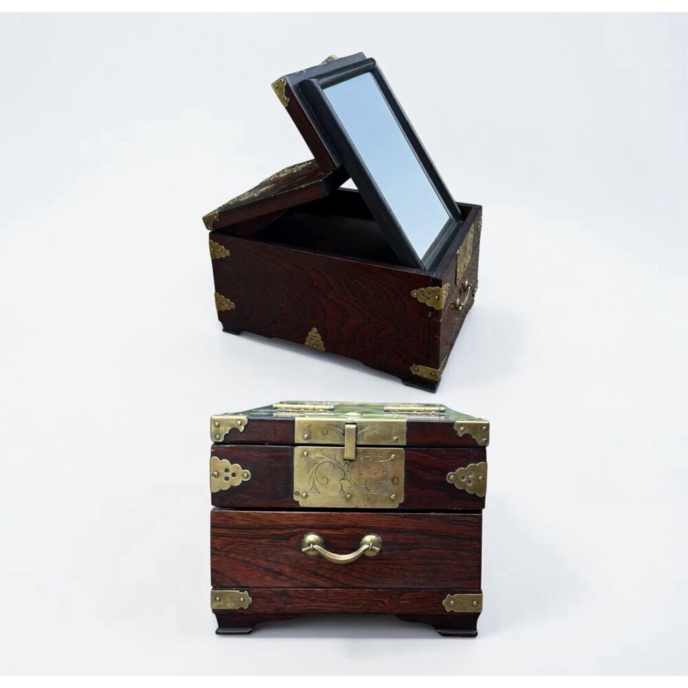 1930s Vintage Chinese Hardwood Traveling Vanity Shaving Mirror Box & Drawer 11”